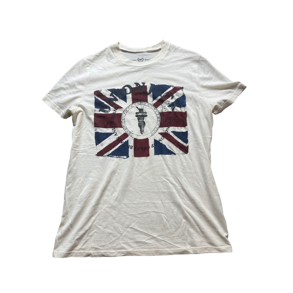 Tennis Graphic Tee Women XS Off-White Good Union Jack Flag Distressed Tee